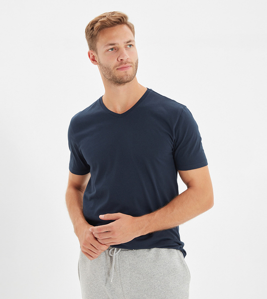 Cotton V-Neck Short Sleeve T-Shirt (Stretchable) Navy