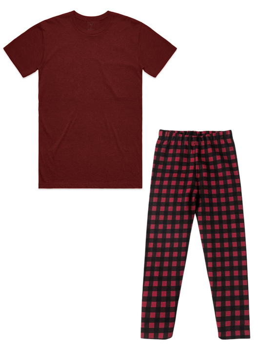 Men's Lounge T-shirt and Check Pajama Set Red (Stretchable)