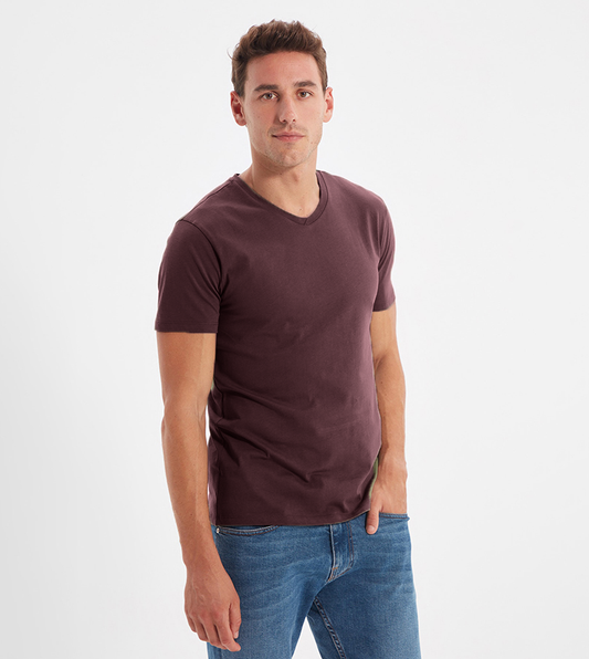Cotton V-Neck Short Sleeve T-Shirt (Stretchable) Burgundy