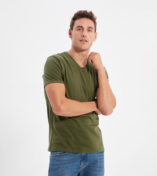 Cotton V-Neck Short Sleeve T-Shirt (Stretchable) Olive