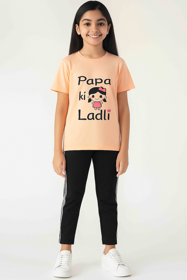 Girls 👭 Peach T-shirt and balck trouser with white stripe  set