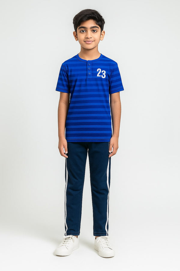 Boys T-shirt (Blue stripe Henley) navy Blue Trouser with white stripe