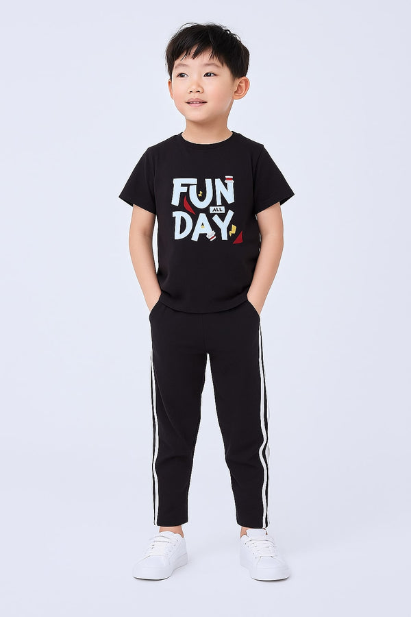 Boys white shirt (Fun Day ) & balck with white stripe trouser