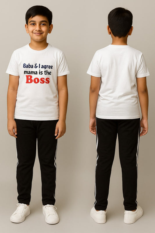 Unisex white shirt (Baba i agree mama is the boss)  black with white stripe trouser