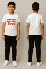 Unisex white shirt (Baba i agree mama is the boss)  black with white stripe trouser