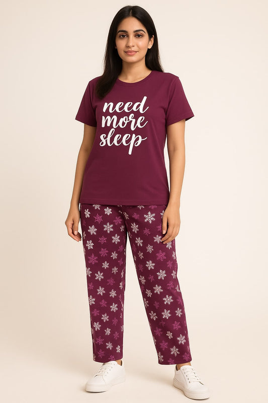 Women's Maroon t shirt 👚 & printed trouser white need more sleep Beautifull print (Stretchable)
