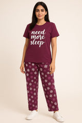 Women's Maroon t shirt 👚 & printed trouser white need more sleep Beautifull print (Stretchable)