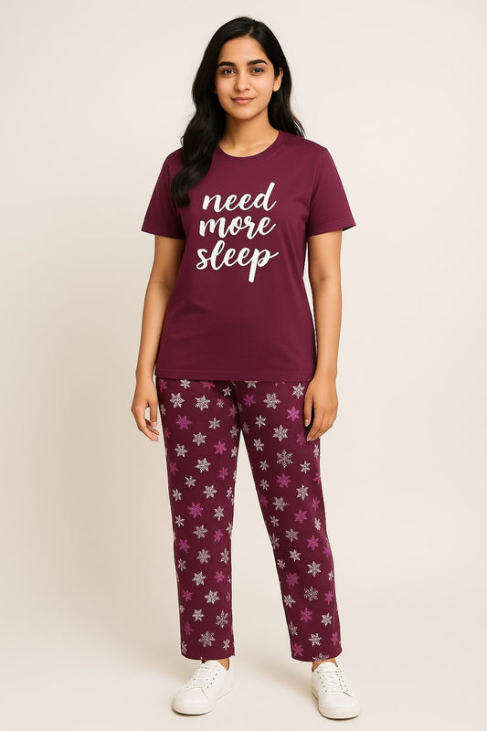 Women's Maroon t shirt 👚 & printed trouser white need more sleep Beautifull print (Stretchable)