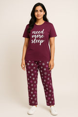 Women's Maroon t shirt 👚 & printed trouser white need more sleep Beautifull print (Stretchable)