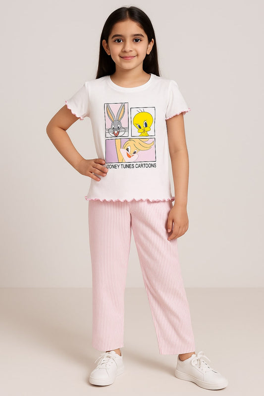 beautifull white shirt frill & 100 % cotton stripe trouser  (Loony Tunes)