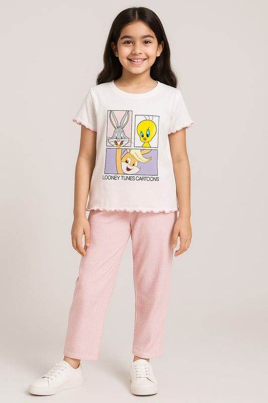 beautifull white shirt frill & 100 % cotton stripe trouser  (Loony Tunes)