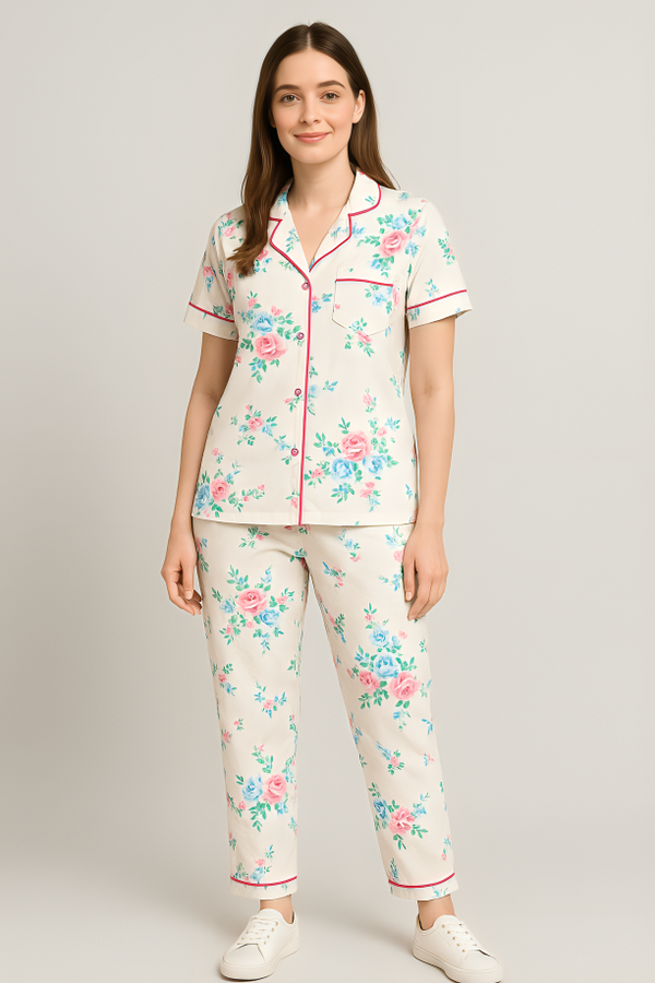 Women Button night suit ( white & print  flower)