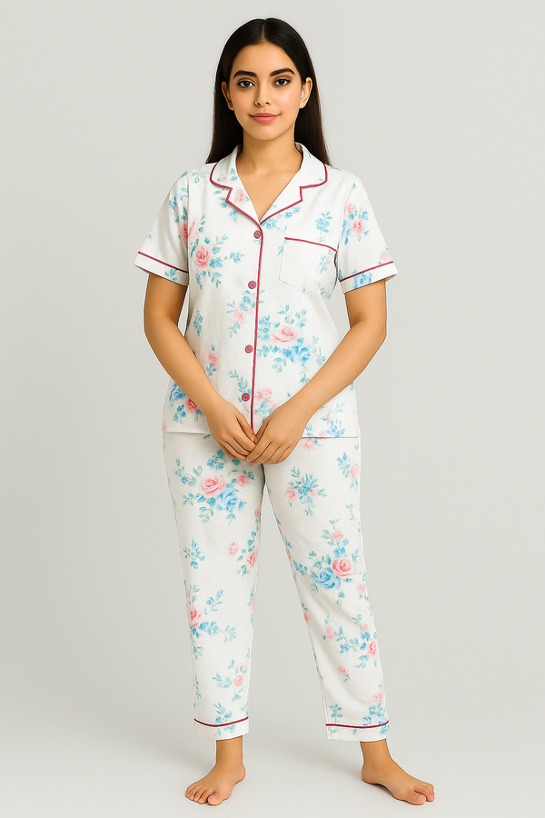 Women Button night suit ( white & print  flower)