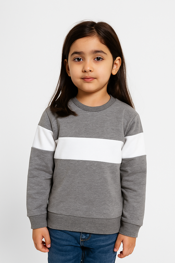 Girls Full Sleeves Block Sweat Shirt (Fleece) (White)