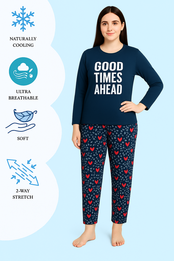 Women’s Nightwear Pajama Set – Slogan Top & Printed Bottom (Good Time A Head)