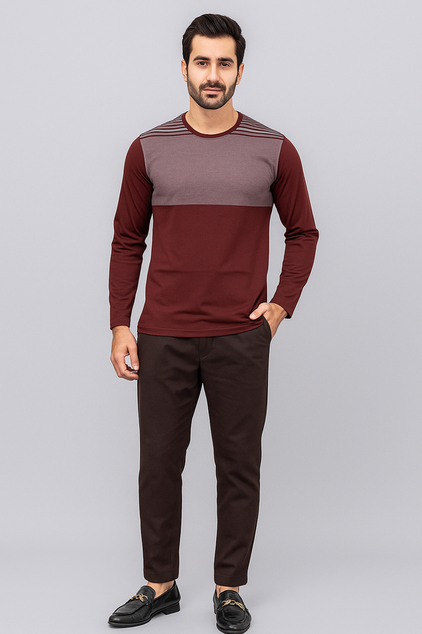 Men’s Maroon Color Block Long Sleeve Shirt – Heavy Jersey Cotton
