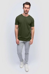 Cotton Henley Short Sleeve T-Shirt (Stretchable) Olive