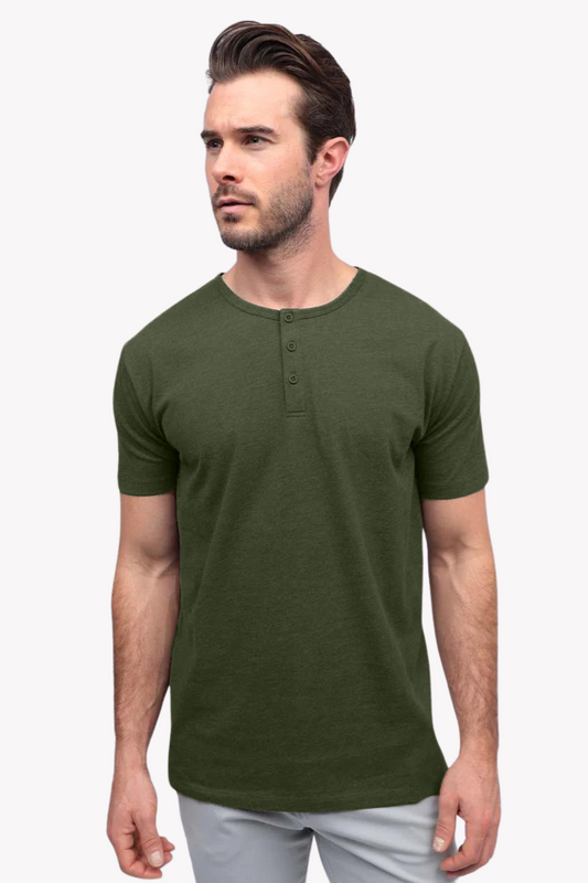 Cotton Henley Short Sleeve T-Shirt (Stretchable) Olive