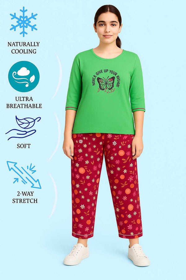 Women T-Shirt and printed  trouser ( See Green Flowers)