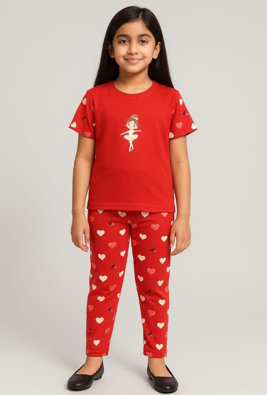 Girls Printed T-shirt and Trouser with cute Doll (Red Heart print )