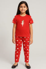 Girls Printed T-shirt and Trouser with cute Doll (Red Heart print )