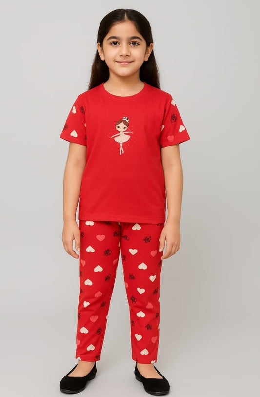 Girls Printed T-shirt and Trouser with cute Doll (Red Heart print )