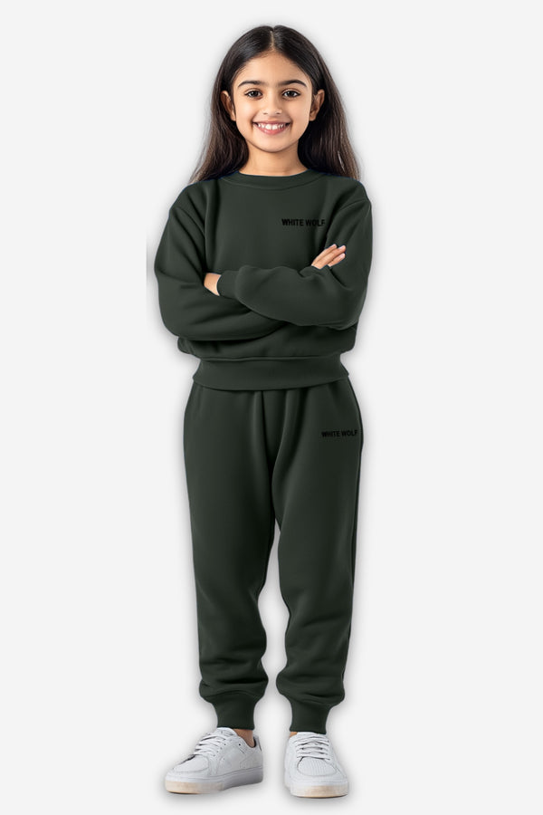 Kids Solid Girls track suit (Fleece) Dark Cool Green