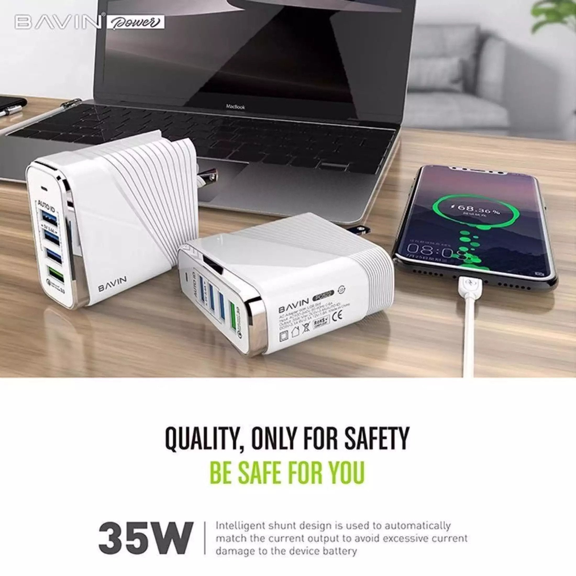 Bavin 3.4A Fast Charger w/ Qualcom 3.0 Quick Charger 35W 4 Universal USB Port