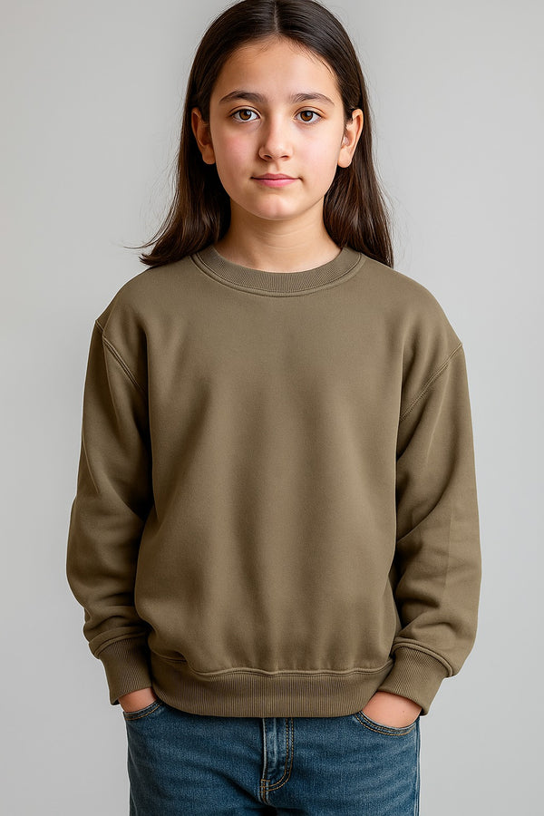 Kids Solid Girls Full Sleeves Sweat Shirt (Fleece) Brown