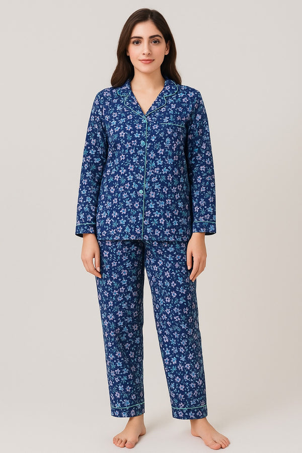 Women’s Full Sleeve Button Night Suit – Navy Blue Floral