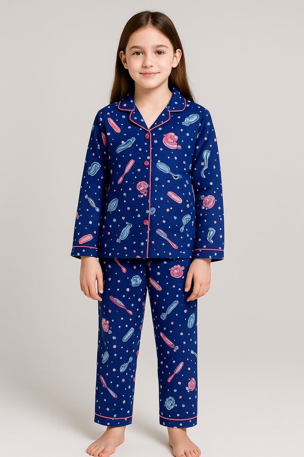 Girls Full Sleeve Button night suit Printed  (Navy Blue)