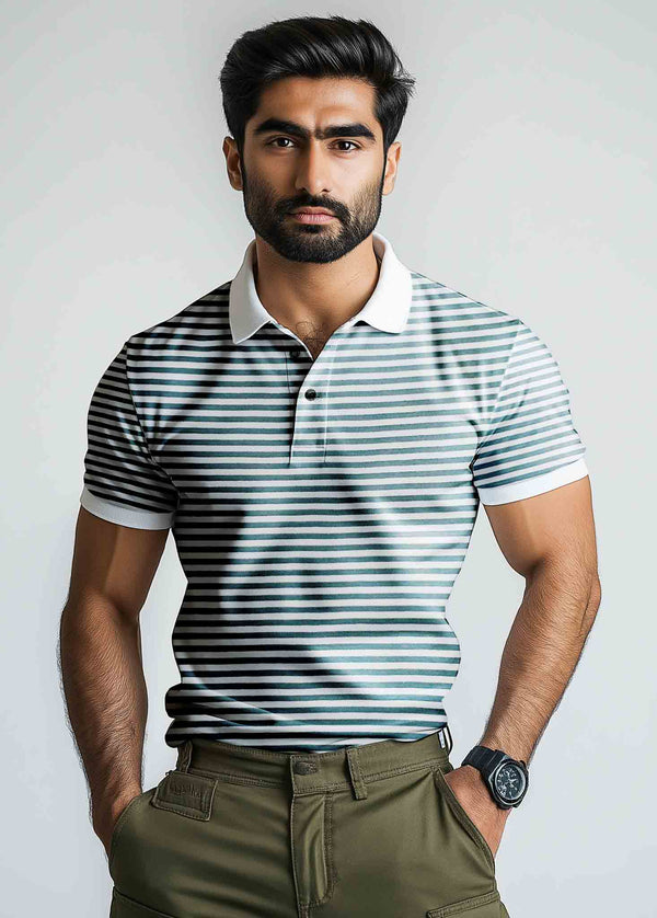 Polo Shirt Olive White Stripe
