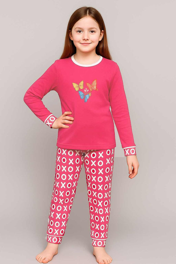 Kids Pink Butterfly Night Suit (Full Sleeve)