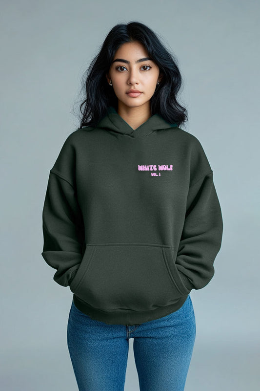 Unisex White Wolf Premium Fleece- Hoodie (Dark Cool Green) LILAC