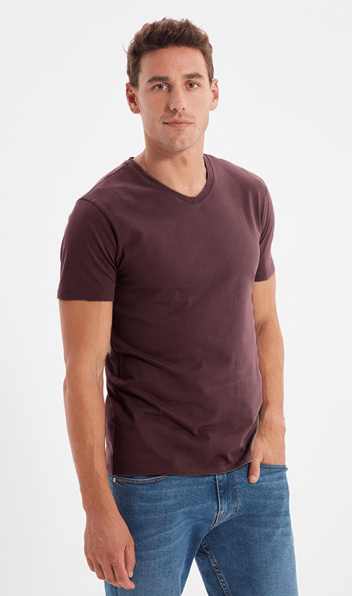 Cotton V-Neck Short Sleeve T-Shirt (Stretchable) Maroon