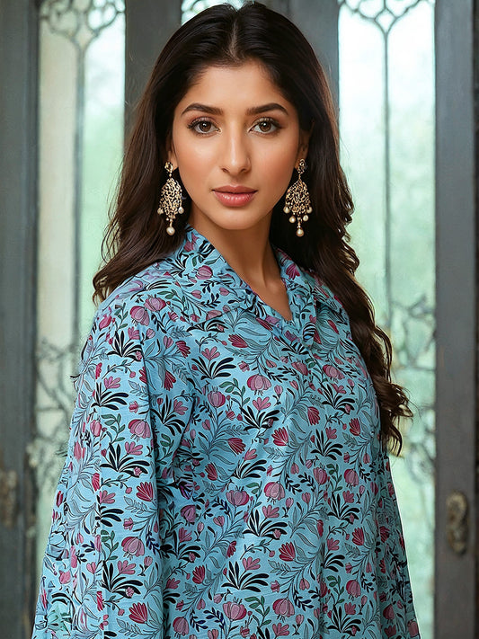 2 Piece Sky Blue Print Khaddar Suit (Unstitched)