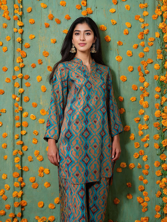 2 Piece Teal and Brown Khaddar Suit (Unstitched)