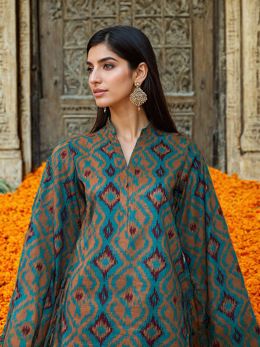 2 Piece Teal and Brown Khaddar Suit (Unstitched)