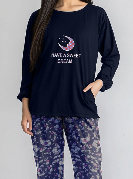 Women's Night Suit Full Sleeve Sleeve (Navy Flower)