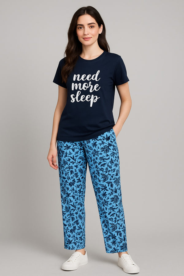 Women's T-Shirt and printed trouser ( blue flower white need more sleep )