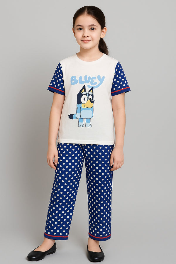 Girls Printed T-shirt and Trouser (Blue White Dot CUTE BLUEY )