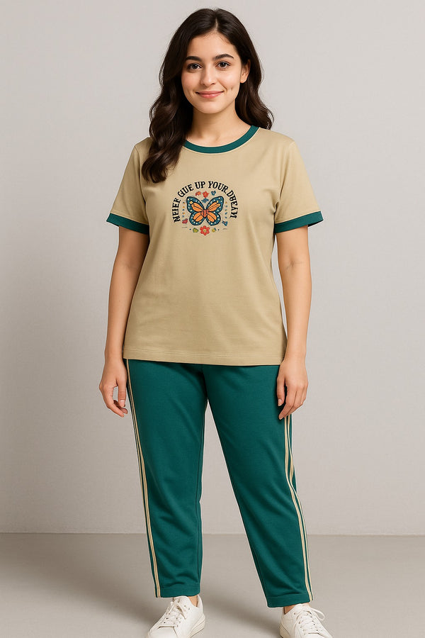 Women T-Shirt and printed trouser (  Teal & beige beautifull print  butterfly)