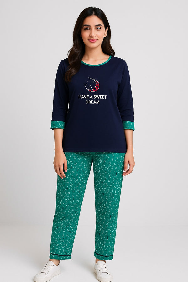 Women's T-Shirt and printed  trouser ( navy shirt & printed trouser ) have a sweet dream