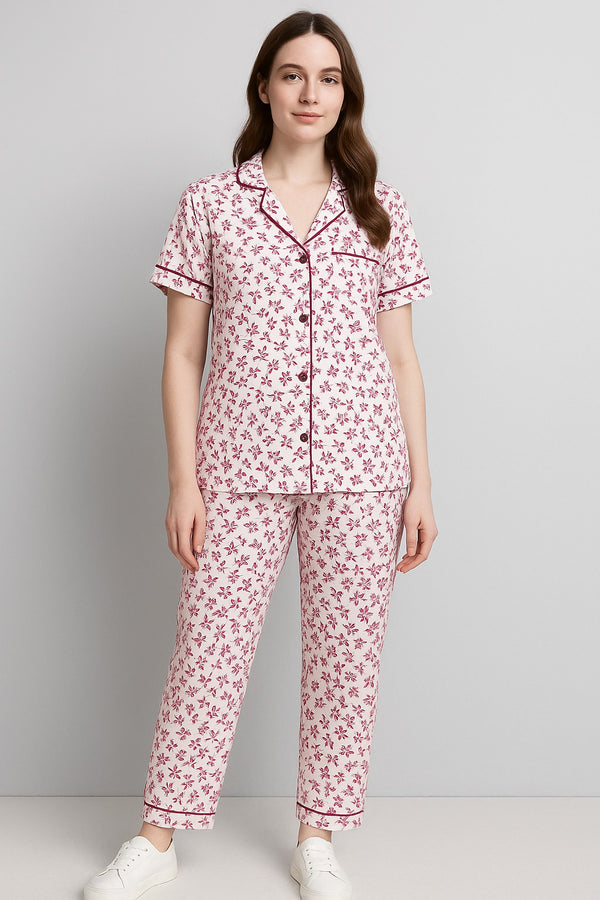 Women Button night suit (off white maroon flower)