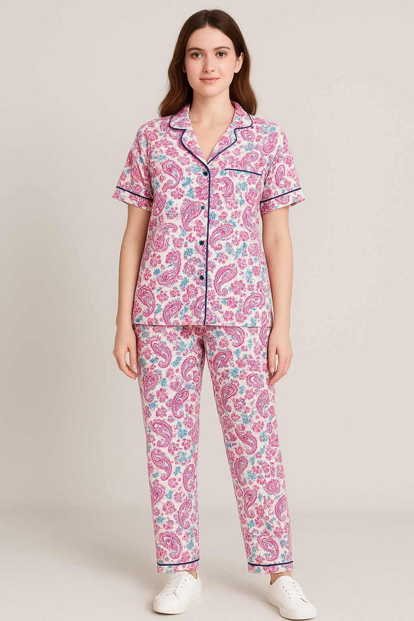 Women Button night suit multi printed