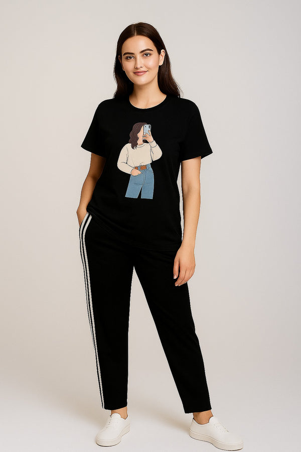 Women T-Shirt and side stripe trouser ( blue jeans girls )