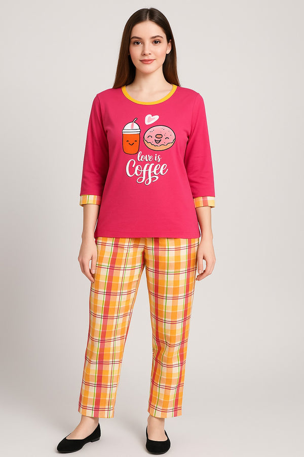 Women T-Shirt and check multi stripe  trouser (  Love is coffee )