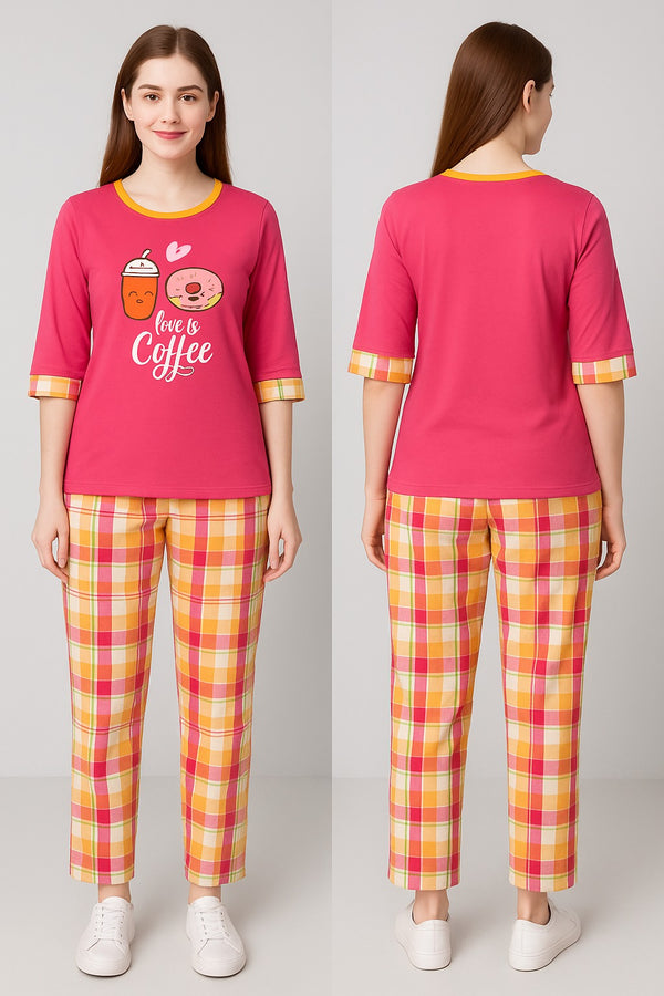 Women T-Shirt and check multi stripe  trouser (  Love is coffee )