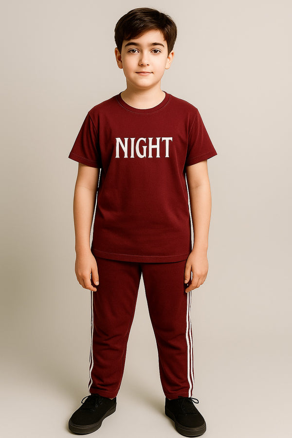 Boys  Maroon T-shirt  & Maroon Trouser with white stripe  (NIGHT)