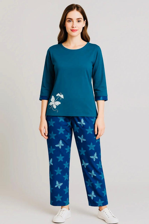 Women's T-Shirt and printed (Side butterfly Teal )